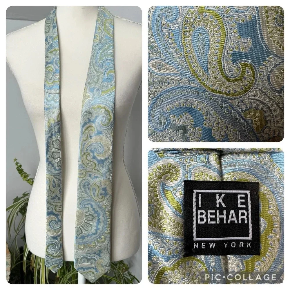 Ike Behar Pastel Blue Green Off-white Paisley Silk USA Made Necktie‎